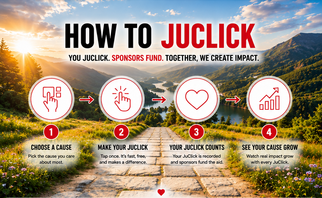 How to JuClick: choose a cause, make your JuClick, your JuClick counts, and see your cause grow. You JuClick. Sponsors fund. Together, we create impact.