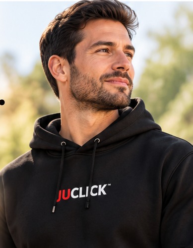 Man wearing a black JuClick hoodie