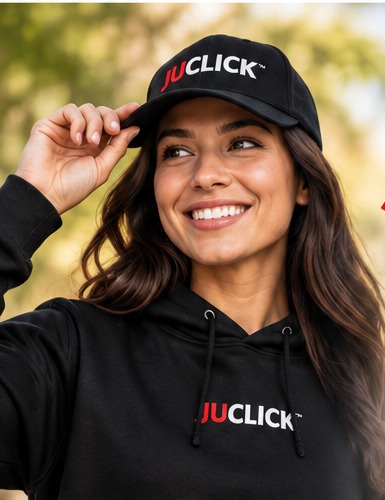 Woman wearing a black JuClick cap and hoodie