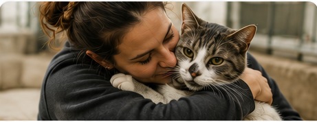 Caregiver showing compassion and connection with a shelter cat