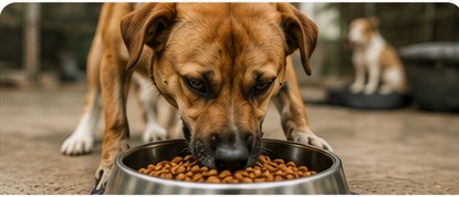 Shelter dog eating a nutritious meal