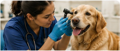 Veterinary professional providing hands-on care to a dog