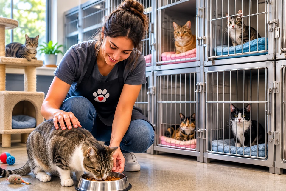 Volunteer feeding a cat at an animal shelter